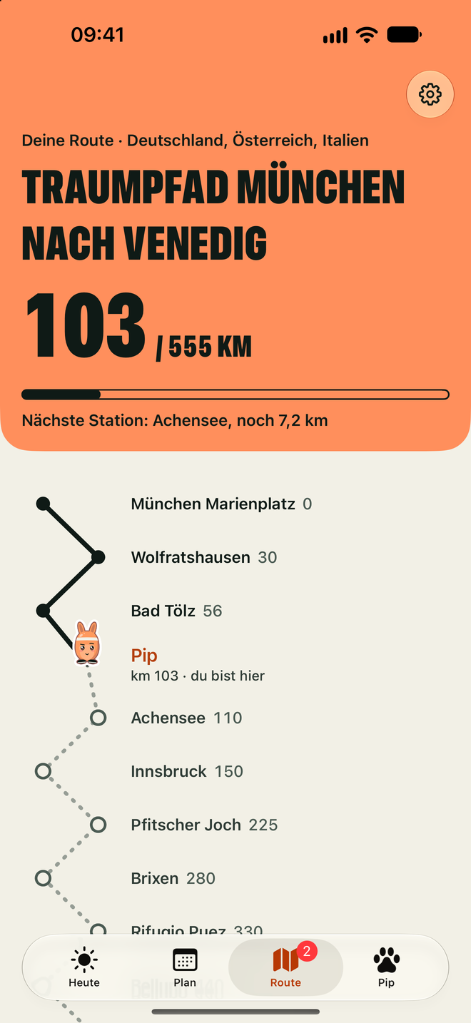 Route mit Karte des Fernwegs und der nächsten Station
