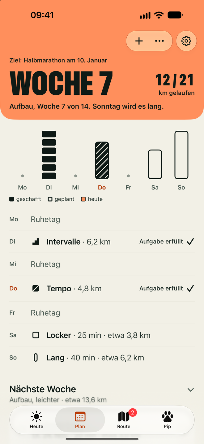 Plan mit den Läufen der Woche als Formen