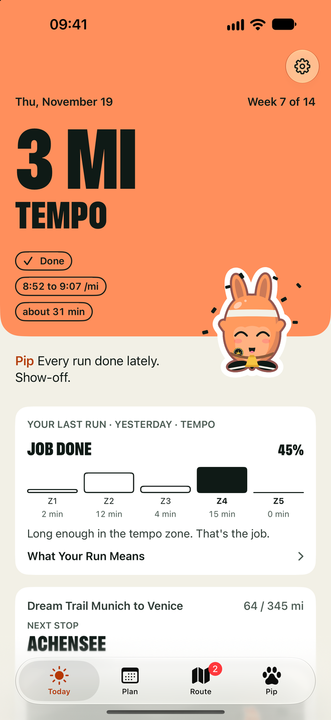 Today screen with the Paceling Pip and today's easy run