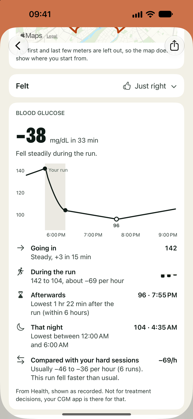 Blood glucose card in the run details with the curve around the run